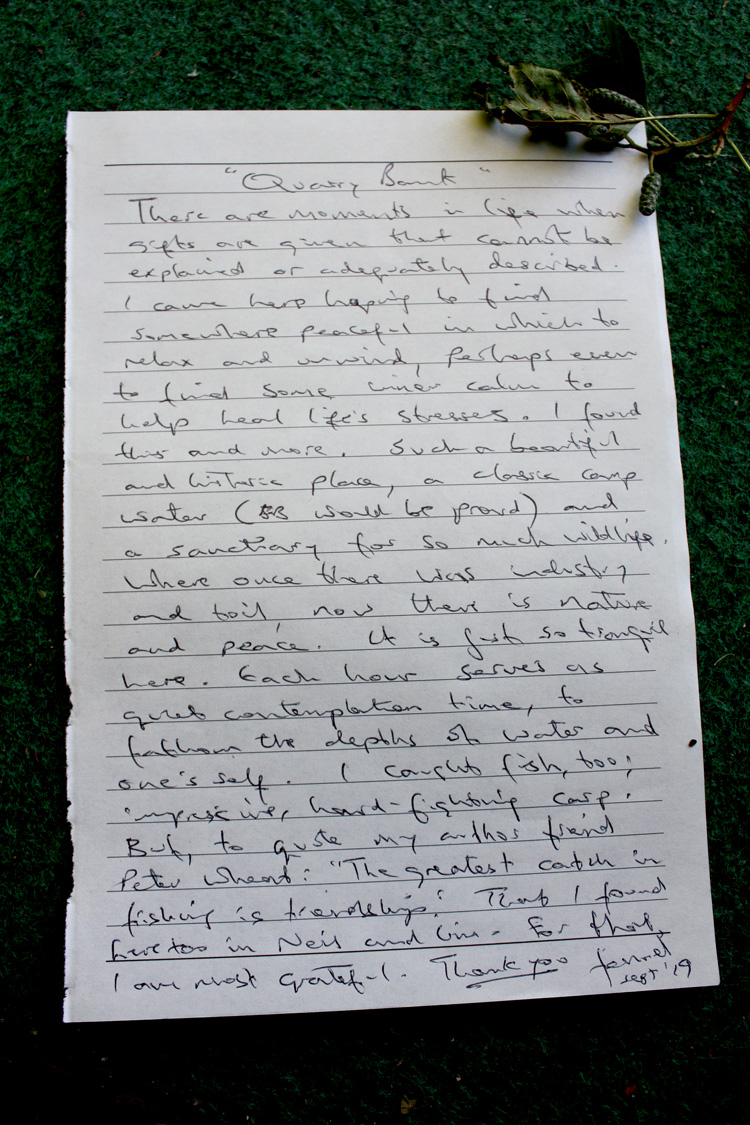Page from fennel Hudson's diary, left at Quarry Bank Fishery, France